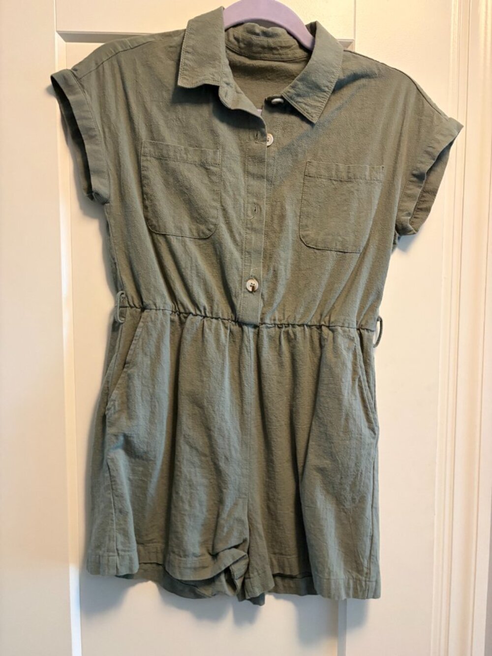Olive Green Short-Sleeve Button-Front Utility Romper